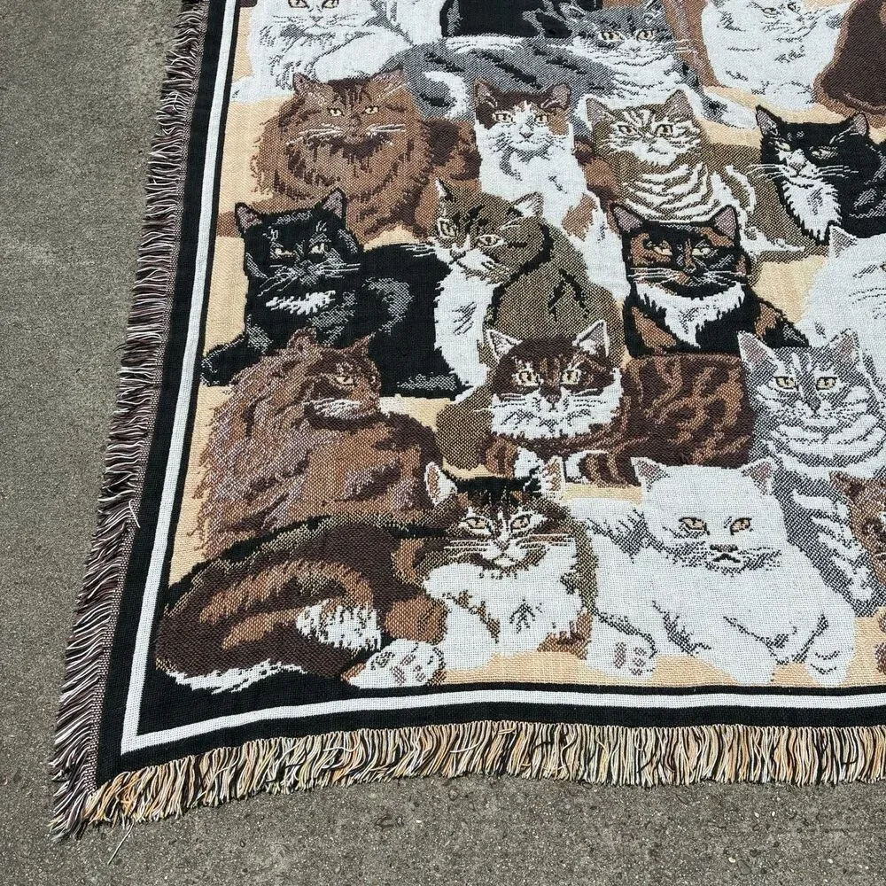 VTG Goodwin Weavers Cat Tapestry Blanket Woven Cotton Throw 